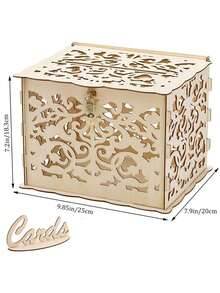 1 Set Wood Wedding Card Box With Lock And Cards Sign, Card Box For Wedding, Rustic Wedding Box For Cards And Money, Wedding Gift Box For Reception, Anniversary, Bridal Shower, Party - Khaki - View 2