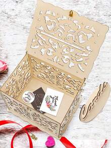 1 Set Wood Wedding Card Box With Lock And Cards Sign, Card Box For Wedding, Rustic Wedding Box For Cards And Money, Wedding Gift Box For Reception, Anniversary, Bridal Shower, Party - Khaki - View 5