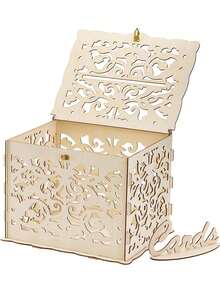 1 Set Wood Wedding Card Box With Lock And Cards Sign, Card Box For Wedding, Rustic Wedding Box For Cards And Money, Wedding Gift Box For Reception, Anniversary, Bridal Shower, Party - Khaki - View 3