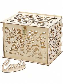 1 Set Wood Wedding Card Box With Lock And Cards Sign, Card Box For Wedding, Rustic Wedding Box For Cards And Money, Wedding Gift Box For Reception, Anniversary, Bridal Shower, Party - Khaki - View 4