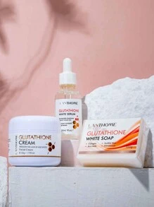 LANTHOME 3入組谷胱甘肽混合套裝可淡化黑斑並提亮膚色,包括谷胱甘肽潔面皂、谷胱甘肽面霜和谷胱甘肽精華液,可保濕、美白皮膚 - 白色 - 查看 3