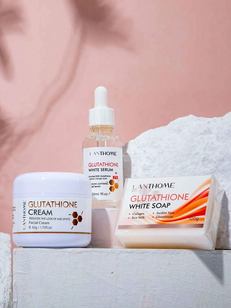 LANTHOME 3pcs/Set Glutathione Combination Set To Fade Dark Spot And Brighten Skin Tone-Includes Glutathione Cleansing Soap, Glutathione Facial Cream, And Glutathione Serum For Moisturizing, Whitening Skin
