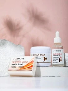 LANTHOME 3入組谷胱甘肽混合套裝可淡化黑斑並提亮膚色,包括谷胱甘肽潔面皂、谷胱甘肽面霜和谷胱甘肽精華液,可保濕、美白皮膚 - 白色 - 查看 6