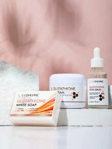 LANTHOME 3入組谷胱甘肽混合套裝可淡化黑斑並提亮膚色,包括谷胱甘肽潔面皂、谷胱甘肽面霜和谷胱甘肽精華液,可保濕、美白皮膚 - 白色 - 查看 2
