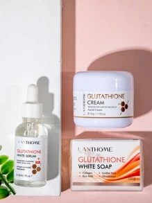 LANTHOME 3入組谷胱甘肽混合套裝可淡化黑斑並提亮膚色,包括谷胱甘肽潔面皂、谷胱甘肽面霜和谷胱甘肽精華液,可保濕、美白皮膚 - 白色 - 查看 5
