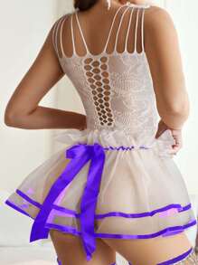Sexy Lace Lingerie, Mesh Garter Belt, Mesh Stockings - 淡紫色 - 查看 3