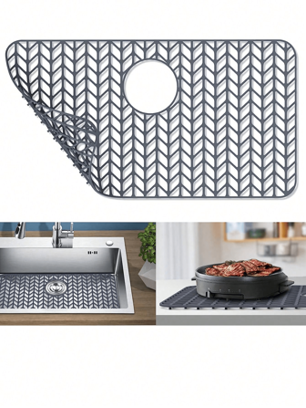 廚房水槽保護墊,適用於帶有後排水孔的農場不銹鋼陶瓷水槽的灰色矽膠水槽網格