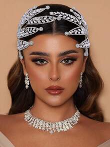 1個葉片＆鑽石婚禮新娘髮藤,優雅女士派對頭箍適用於攝影皇室 - 銀色 - 查看 2