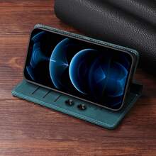 OUKNOEO 时尚翻盖钱包纯色仿皮手机壳带吸附卡槽适用于 17 Air 16e 15 14 13 12 11 Pro Max Plus S25 Edge S24 S23 Ultra Plus A16 A36 A56 带 4 个信用卡槽支架保护套 - 寶藍色 - 查看 4