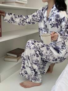 Nina Bonheur 2 件套女士府绸花卉印花翻领纽扣长袖衬衫睡衣 + 松紧腰裤睡衣套装 - 藍白色 - 查看 4
