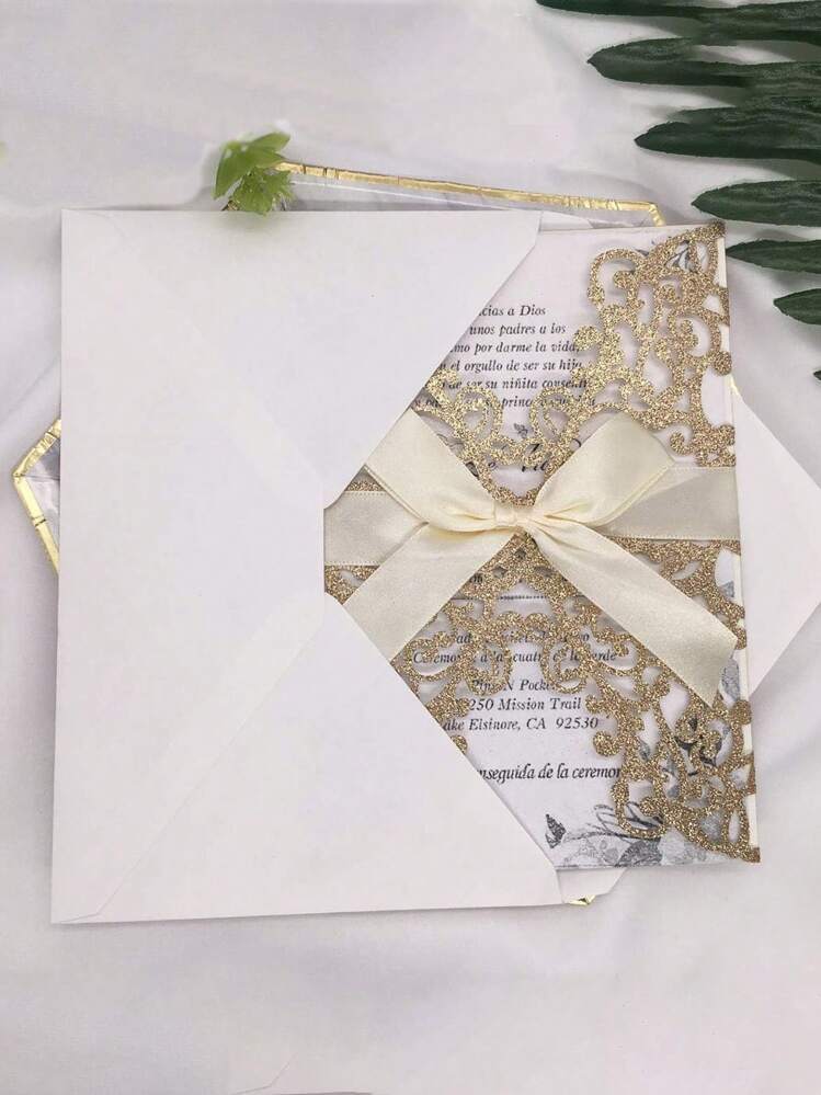 20pcs Wedding Invitations, DIY Hollow Rose Floral Shaped Invitations With Envelopes And RSVP Cards, Shiny Gold, With Pre-Tied Satin Ribbons, For Wedding Anniversary, Bridal Shower, Engagement Party, Anniversary Dinner Invitation - Rose Gold - View 2