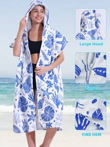 1pc Blue Seashell And Plant Patterned Hooded Zip-Up Towel, Soft And Absorbent Microfiber Surf Poncho With Front Pocket, Windproof, Sun-Proof Bathrobe For Adults, Men, Women, Couple, Beach, Pool, Shower, Outdoor, Home Use Summer Wedding Home Bathroom Decor Beach Wear Back To School