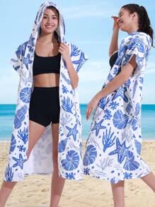 1pc Blue Seashell And Plant Patterned Hooded Zip-Up Towel, Soft And Absorbent Microfiber Surf Poncho With Front Pocket, Windproof, Sun-Proof Bathrobe For Adults, Men, Women, Couple, Beach, Pool, Shower, Outdoor, Home Use Summer Wedding Home Bathroom Decor Beach Wear Back To School