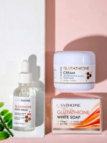 LANTHOME 3入組谷胱甘肽混合套裝可淡化黑斑並提亮膚色,包括谷胱甘肽潔面皂、谷胱甘肽面霜和谷胱甘肽精華液,可保濕、美白皮膚 - 白色 - 查看 1