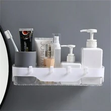 1pc Creative Wall-Mounted Bathroom Accessories, No-Nail Storage Rack With Drainage & Hook For Large Objects, Transparent Storage Box - White - View 1