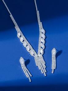 3pcs Diamante Necklace & Earrings Set - Silver - View 3