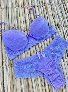 Conjunto Lingerie Sexy Fio Com Bojo Fio Renda Sensual Bella - Violeta - Visão 1
