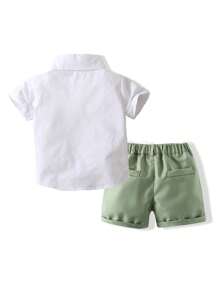 KIMOCAT Young Boy Summer Short Sleeve Shirt Shorts Bow Tie Gentleman Formal Wear Set - Green - View 2