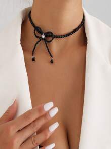 Ngọc trai giả Đính cườm Trang trí Bow Dây chuyền - trắng - Xem 8