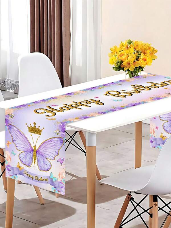 1pc Birthday Butterfly Themed Polyester Table Runner, Happy Birthday, Butterfly Crown Flower Table Runner, Suitable For Birthday Party Table Decoration