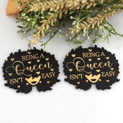 Wooden Black Carved "QUEEN" African Woman Wooden Creative Unique Earrings, African National Pattern Earrings