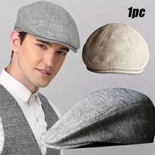 1pc Beret Hat For British Style Boy, Spring & Autumn Casual Linen Baseball Cap - Grey - View 1