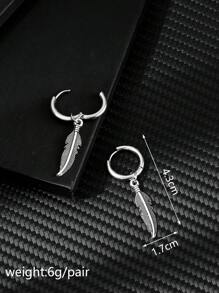 1對男士不鏽鋼羽毛吊墜簡約耳環 - 銀色 - 查看 3