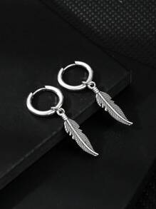 1對男士不鏽鋼羽毛吊墜簡約耳環 - 銀色 - 查看 2