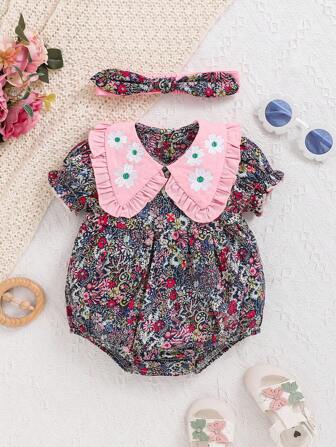 女婴花卉拼布彼得潘领连体衣和发饰