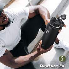 Insulated Water Bottle With 2-In-1 Lid (Chug Lid/Straw Lid),40oz/64oz Double Walled Vacuum Stainless Steel Water Bottles, Water Jug With Straw, Wide Mouth Insulated - 黑色 - 查看 7