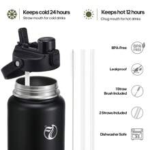 Insulated Water Bottle With 2-In-1 Lid (Chug Lid/Straw Lid),40oz/64oz Double Walled Vacuum Stainless Steel Water Bottles, Water Jug With Straw, Wide Mouth Insulated - 黑色 - 查看 4