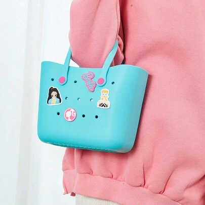 Miniso Barbie Shining Collection Hole Cartoon Pattern Tote Bag School Lunch Bag Portable Travel Picnic Bag (Blue)