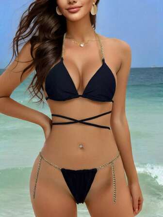 时尚性感两件套比基尼套装，带金属链和绳索三角形上衣设计