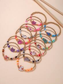 12入組手工編織小圓片彈性珠串手鐲,卡通貓主題,適用於女孩子 - 彩色 - 查看 3