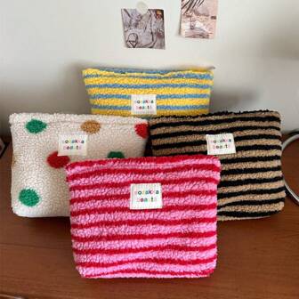 1Pc Makeup Bag Plush Warm Lamb Fleece Cosmetic Bag Horizontal Stripes Waterproof, Wave Point Women Bags For Make Up, Small Bag Storage Makeup Case, Travelling Bags For Ladies, Pencil Case Daily Big Large Capacity Makeup Brushes Travel Toiletry Bag Organizer Make Up Bag Makeup Bag Makeup Pouch Skincare Bag Toiletry Bag Packing Cubes, Cruise Essentials Dorm Essentials