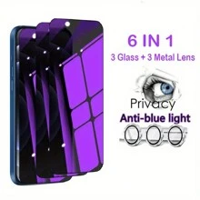 6in1 [3Pcs Purple Screen Glass + 3Pcs Bling Rhinestone Metal Lens] Anti-Blue Light Privacy Screen Protector Compatible With IPhone 15 11 12 13 14 Pro Max Camera Len Protective Glass Compatible With IPhone 15 14 Plus 13 12 Mini - Multicolor - View 8