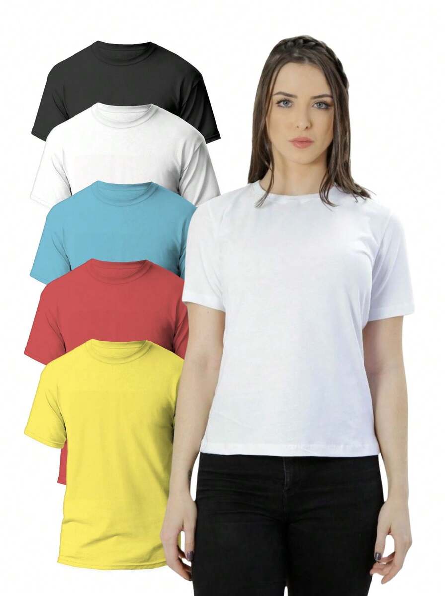 Kit 5 Basic Women's T-Shirts 100% Cotton Perfect Fit - 彩色 - 查看 1