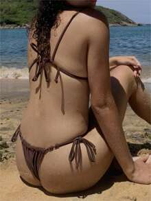 咖啡棕色環形三角比基尼上下套裝，適用於夏日沙灘泳裝 - 咖啡棕 - 查看 2