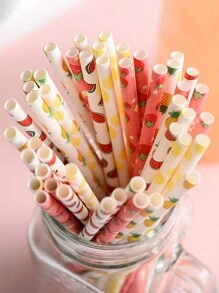 25 件/50 件可爱水果印花纸质吸管，适用于派对、果汁和饮料，一次性草莓、樱桃、西瓜、柠檬、菠萝、猕猴桃图案吸管，适用于万圣节或圣诞派对，