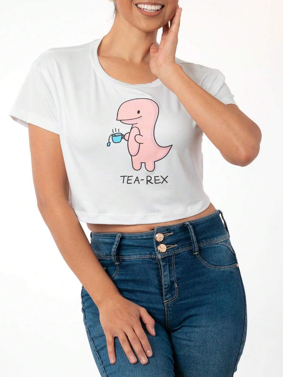 TE AMOMO Blusa Crop Top De Dama Juvenil Estampado De Dinosaurio - Blanco y Negro - Ver 1