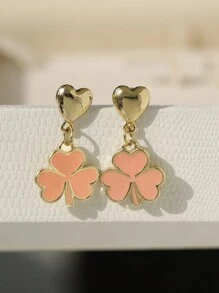 1 Pair Fashion Elegant Heart Enamel Clover Drop Earrings, Minimalist Versatile Green Clover Accessory, Gift For Valentine's Day & St. Patrick's Day - Earring - View 6