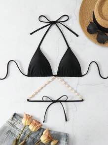 Triangle Bikini Top With Shell Decoration Summer - Black - View 1