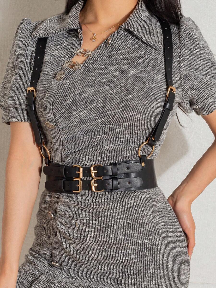 1pc Black & Gold Dual Color Suspender - Black - View 1