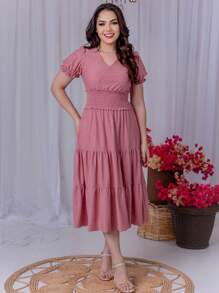 Vestido Lese Feminino Midi Evangelico Manga Curta Elastico Cintura - Rose - Visão 4