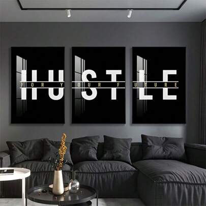3pcs/Set Modern Black Canvas Poster,Hustle For Your Future Motivational Wall Art Canvas Painting, Canvas Wall Art Decoration Painting, For Living Room, Room Wall Decoration, Without Frames