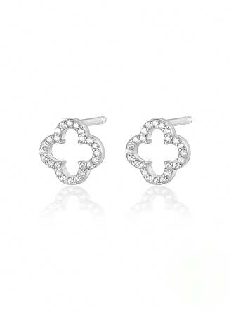 A Pair Of Fashionable, Elegant, Simple And Shining S925 Sterling Silver Hollowed Out Four-Leaf Clover Cubic Zirconia Earrings Suitable For Women's Anniversary Wear