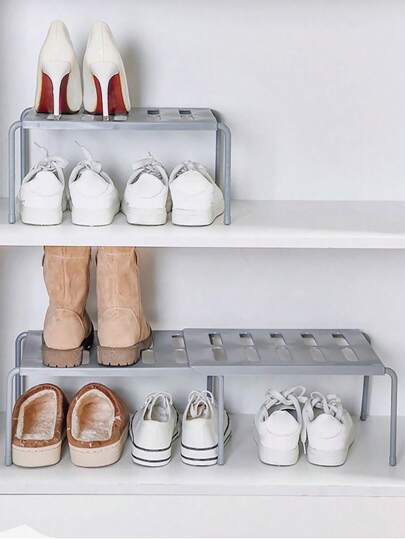 1pc Solid Color Detachable And Stretchable Layered Shoe Rack Space-Saving Plastic Storage Shelf For Kitchen, Living Room, Bedroom