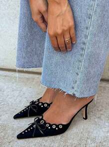 Heeled Mules For Women Pointed Toe Suede Stiletto High Heels Fashion Bow Tie Slip On Pumps Woman - Black - View 2