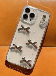 苹果韩国心形吊坠 3D 银色蝴蝶结外壳适用于 iPhone 16 15 14 13 12 11 Pro Max Plus 女款透明保护套滴胶外壳 - 蝴蝶結 - 查看 4