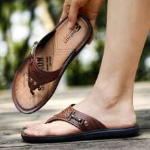 Leather Men's Flip Flops - Brown - View 1